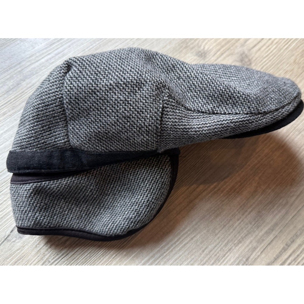DPC 1921 Men's XL Wool Blend Flat Cap Gray Black Ear Flaps Driving Hat